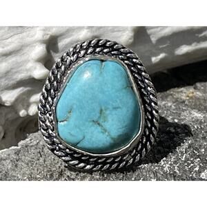 Mens Turquoise Sterling Silver Ring Rope Border Size 10 Statement